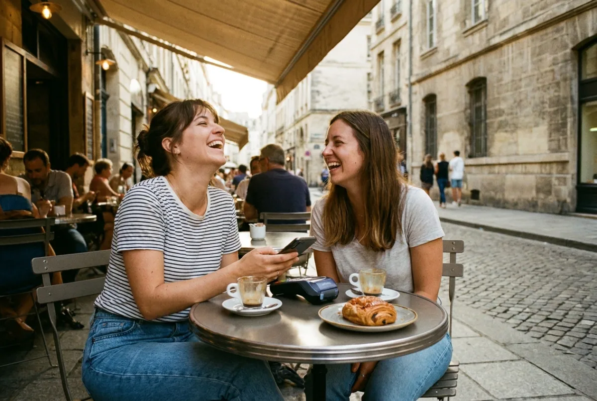 Two friends at a cafe table, one tapping a phone to pay