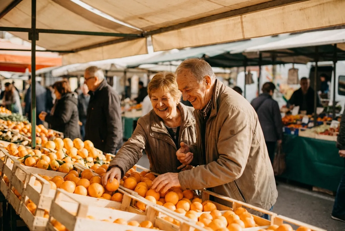 An older couple choosing fruit at a market stall