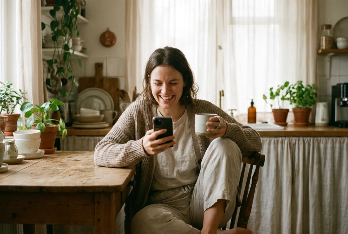 A woman smiling at her phone in a morning kitchen