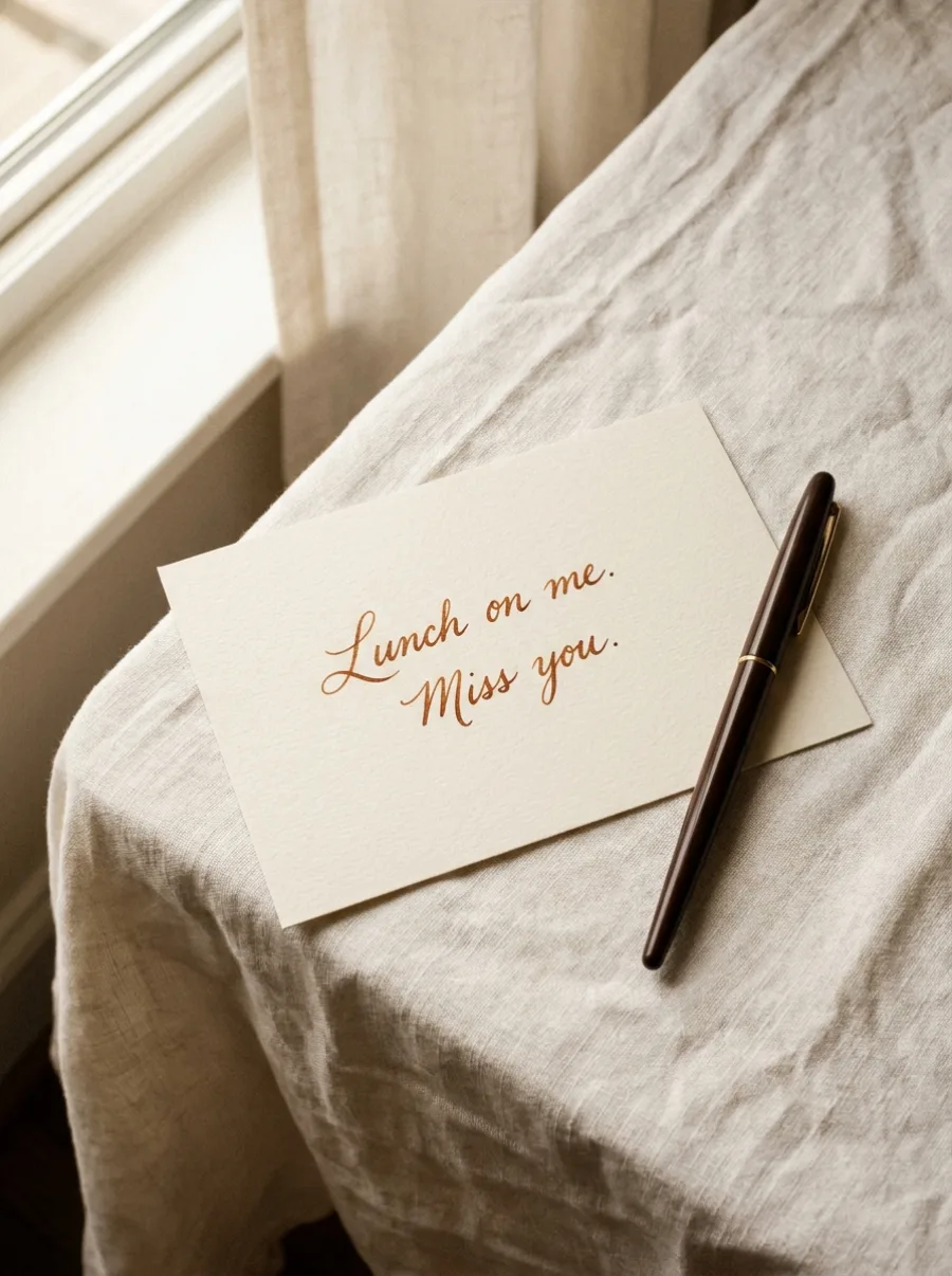 A handwritten note reading Lunch on me, miss you