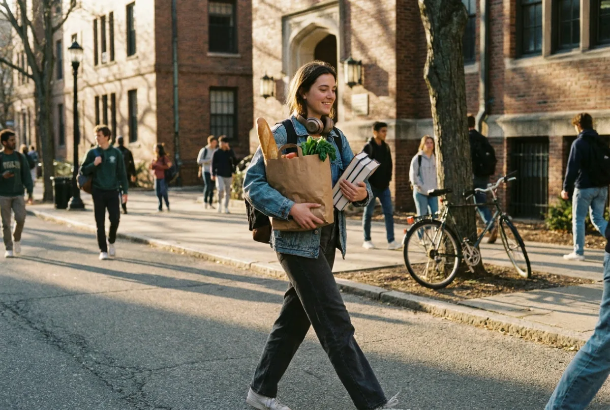 A student carrying groceries and books across campus